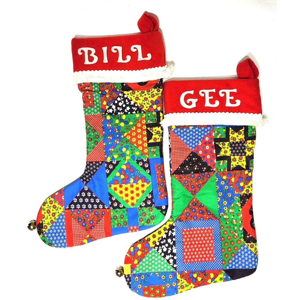 Vintage Patchwork Christmas Stocking Primitive Farmhouse Fringe Set of 2